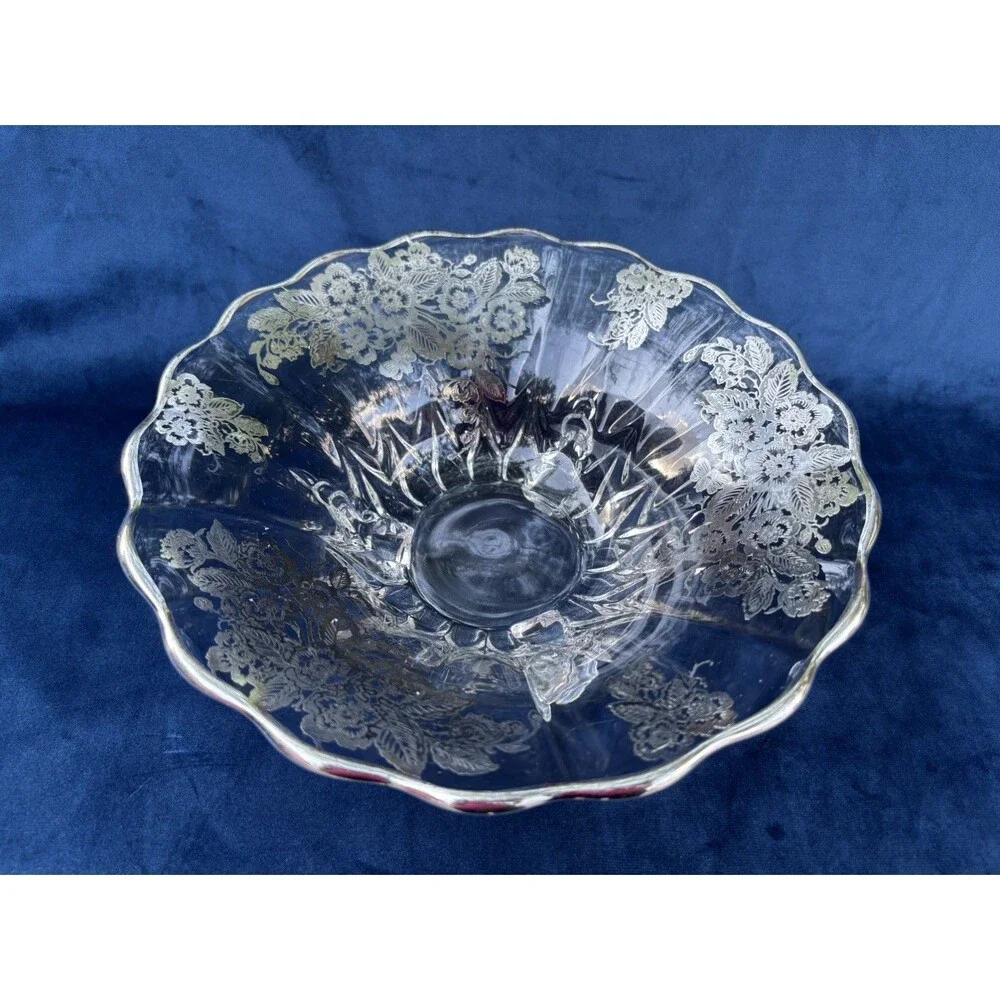 Vintage Floral Etched Glass Compote Bowl on Three Feet Decorative Centerpiece